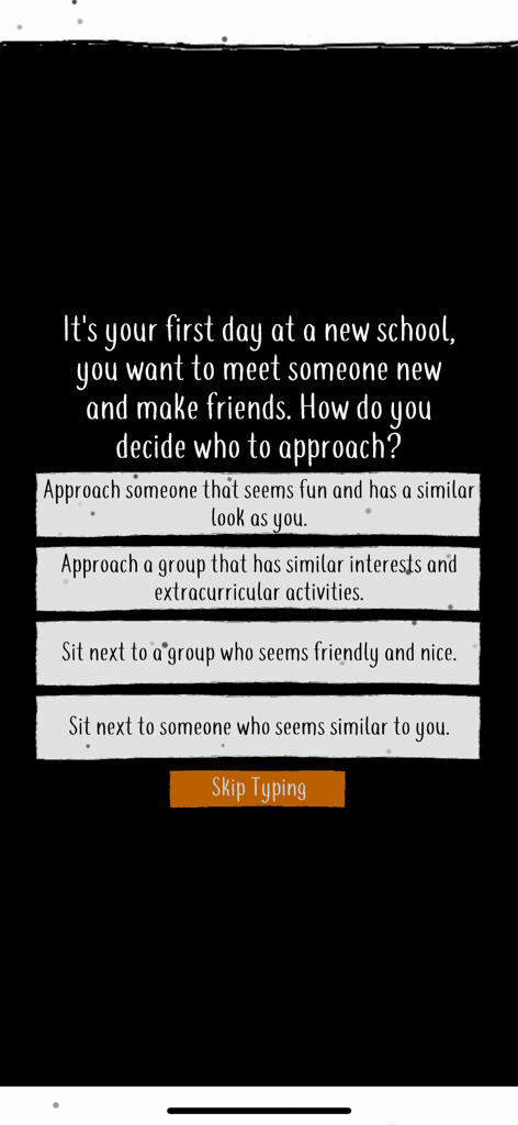 Captura de pantalla de una pregunta de cuestionario de personalidad sobre hacer amigos en la aplicación Psyche Godly Origins