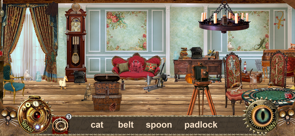 Gameplay-Screenshot eines viktorianischen Zimmers im Wimmelbildspiel Alice im Wunderland mit zu findenden Gegenständen.