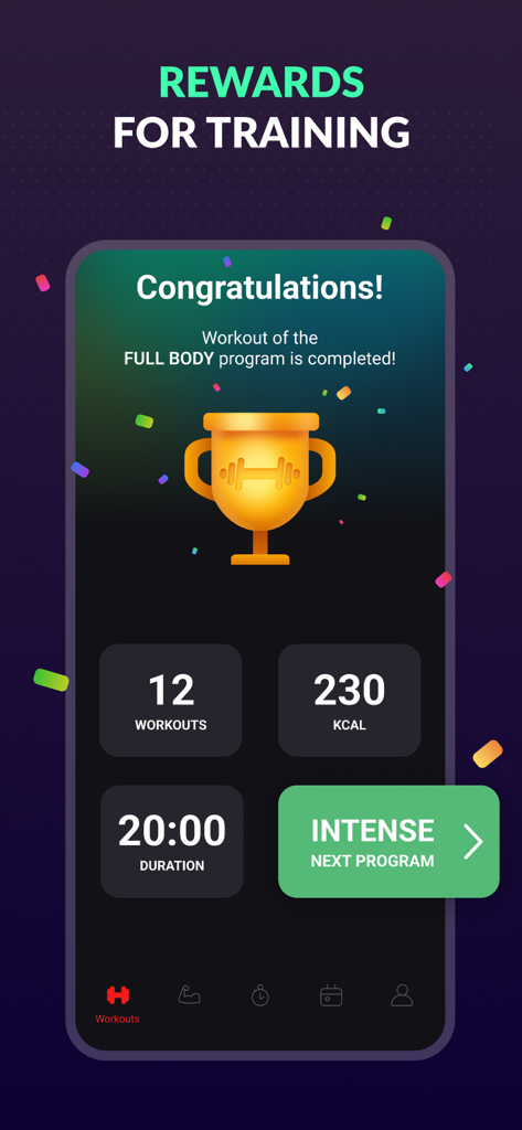 FitHack app rewards screen showing a trophy and completed workout stats