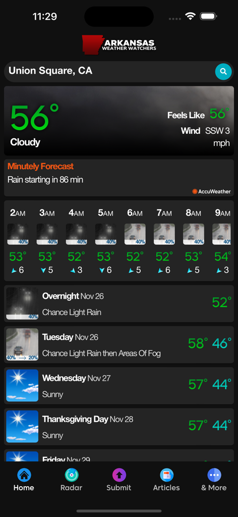 AR Weather Watchers - A mobile interface showing the AR Weather Watchers app with temperature details and a daily weather forecast