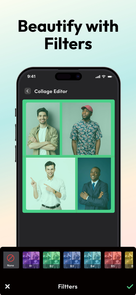Photo Grid - Pic Collage Maker - A mobile interface of the Photo Grid app showing a four-photo collage with several filter options available at the bottom.