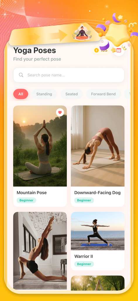 Panas - Echo & Share - A minimalist mobile interface for Panas yoga app showing different poses like Mountain Pose and Downward-Facing Dog with a search bar.