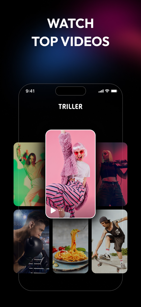 Triller app interface displaying a variety of trending short-form videos on a smartphone screen.