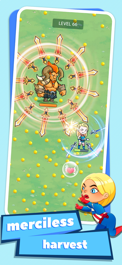 X-HERO casual mini game mode showing a female superhero character fighting a horned boss monster at level 66