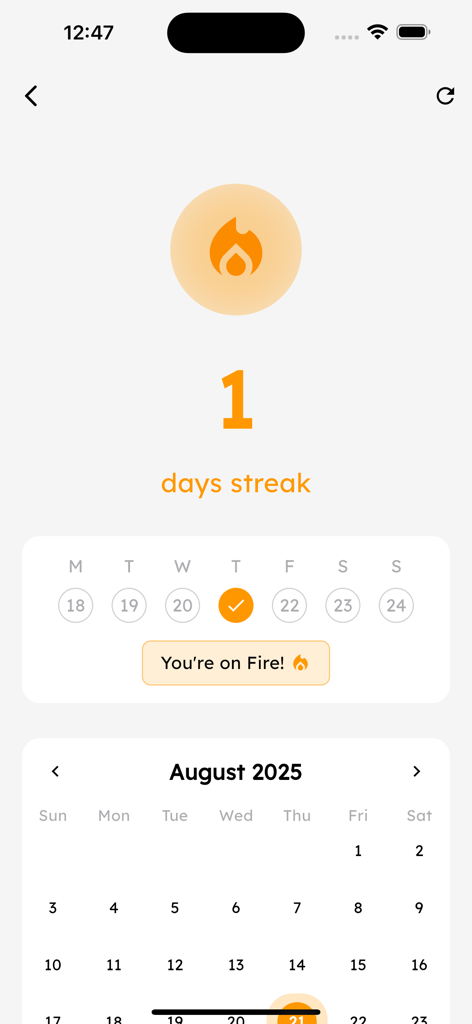 A mobile screen showing a one day streak counter with a monthly calendar for tracking spiritual chanting habits