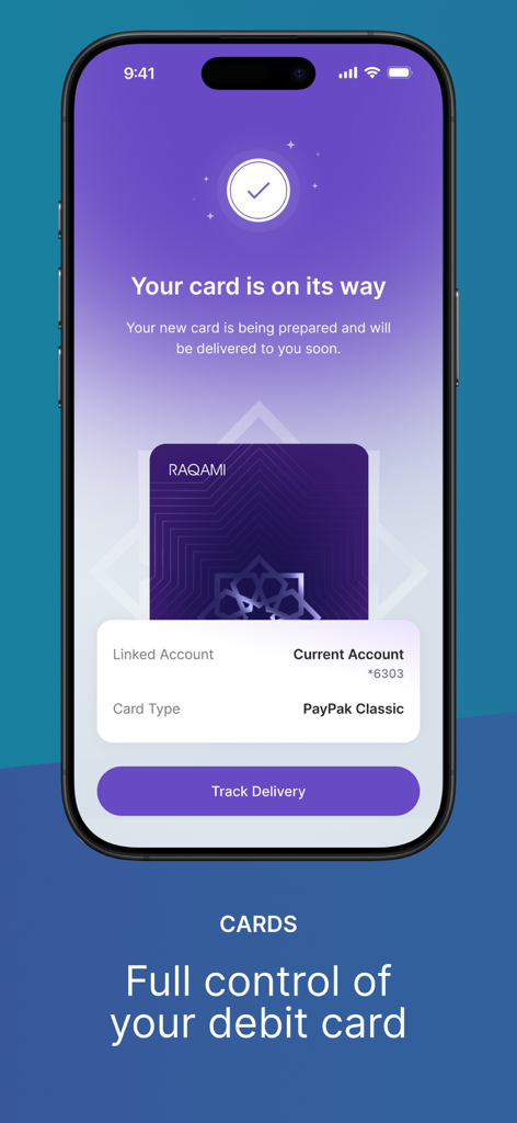 A mobile screen from Raqami Islamic Digital Bank showing a PayPak debit card delivery status with a track delivery button