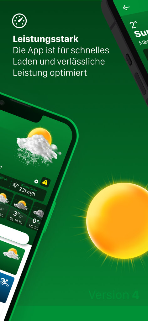 LANDI Wetter - LANDI Wetterアプリのインターフェース。緑色の背景に天気記号と高性能機能が表示されています。