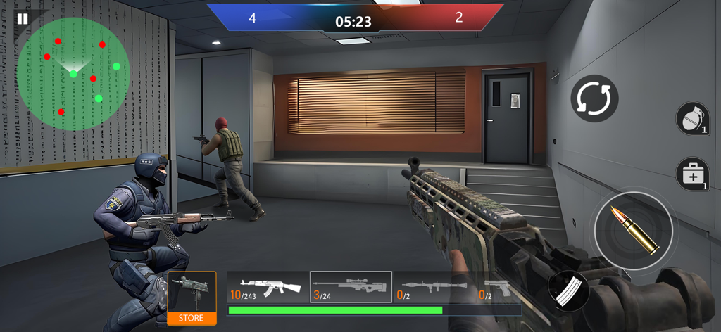 First person perspective of a mobile FPS game showing tactical combat between counter terrorists and enemies in an indoor environment