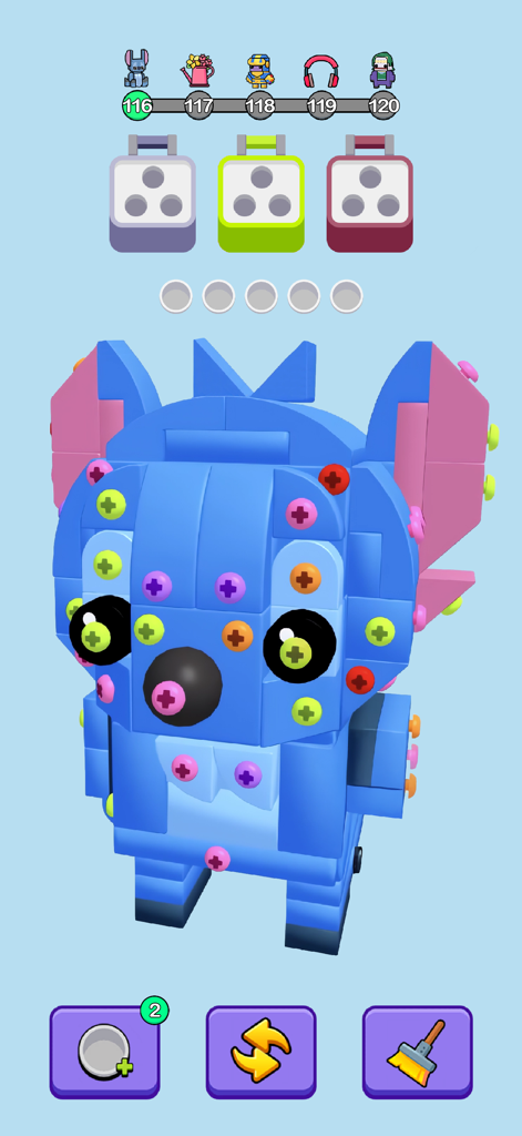 A 3D blue character covered in colorful screws in the Screw Guru mobile game