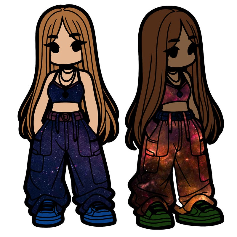 girl in baggy pants crop top and long hair