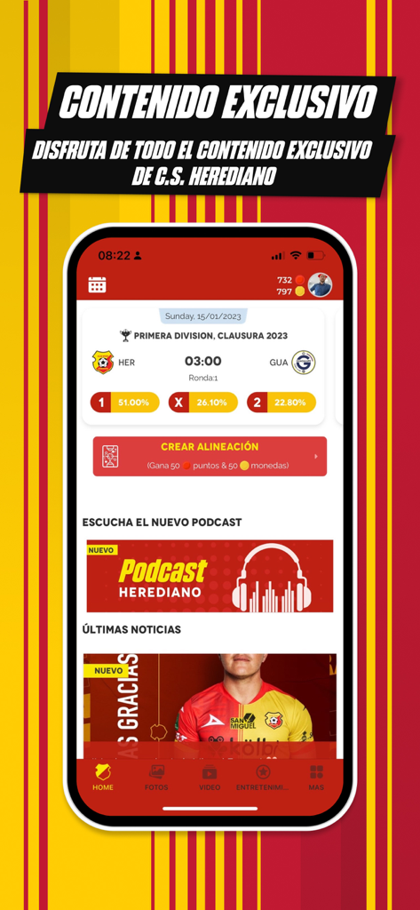 CS Herediano - Tela inicial oficial do app CS Herediano exibindo placares de partidas ao vivo e notícias do time