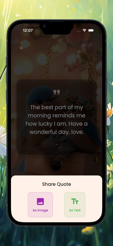 Good Morning greetings - Sharing a romantic morning quote with blue birds on the Good Morning greetings app.