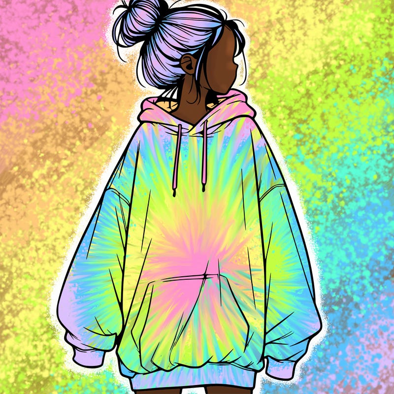 realistic girl with a oversized sweatshirt on and a bun