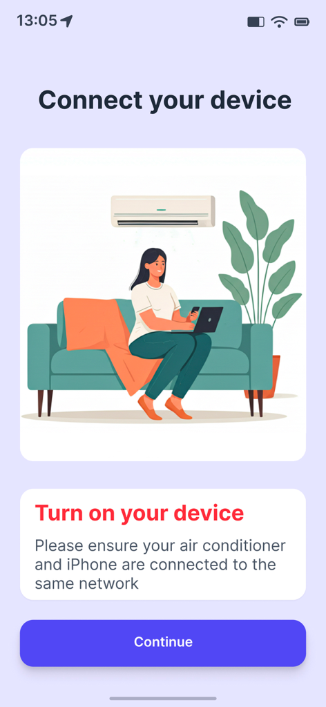 AC Remote: Air Conditioner Pro - Pantalla de configuración que muestra instrucciones para conectar el aire acondicionado a la aplicación AC Remote.