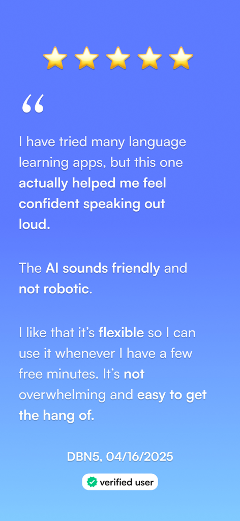 Heylama - AI Language Learning - Una reseña verificada de 5 estrellas para la aplicación de aprendizaje de idiomas con IA Heylama elogiando su IA amigable y práctica de habla