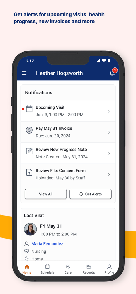AlayaCare Family Portal - AlayaCare Family Portal app dashboard displaying caregiver visit notifications and invoice alerts
