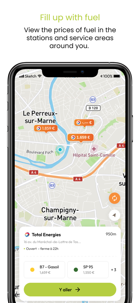 Bip&Go - Bip and Goアプリのマップビュー。地域のサービスステーションでの燃料価格を表示。
