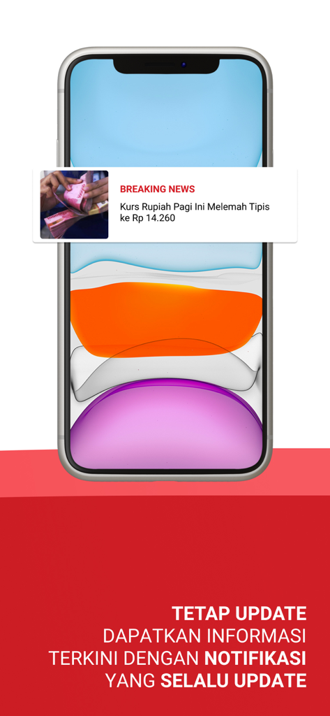 Notificación de noticias de última hora de la aplicación BeritaSatu en la pantalla de un teléfono inteligente que muestra la tasa de cambio de la rupia indonesia