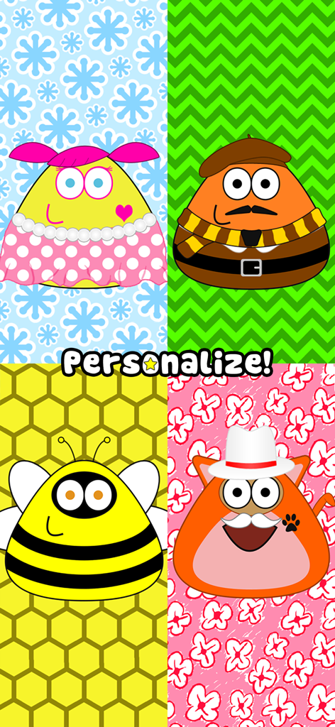 Un collage de quatre personnages Pou personnalisés différents, avec des tenues uniques et des arrière-plans colorés.