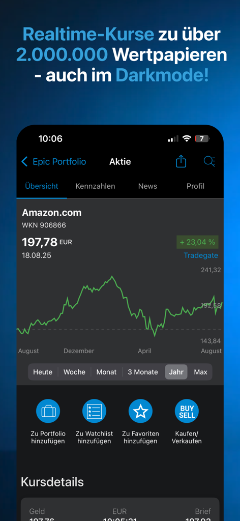 Finanzen100 - Börse & Aktien - Finanzen100 stock app showing Amazon chart and market data in dark mode