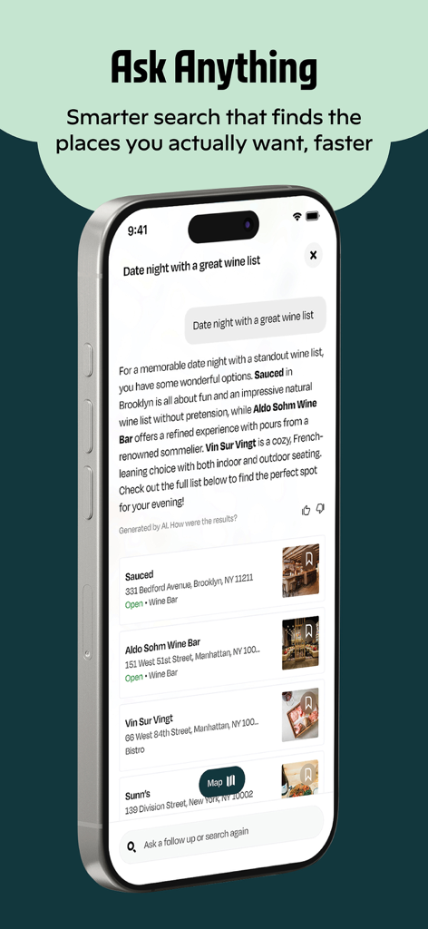 Eater - O recurso Ask Anything do aplicativo Eater mostrando recomendações personalizadas de restaurantes para um encontro com uma carta de vinhos.