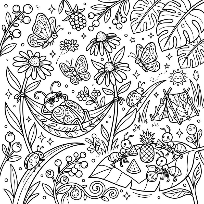 Get ready for a buzzing good time with this delightful summer-themed coloring page! Join cheerful forest insects like ladybugs, butterflies, and ants as they enjoy a relaxing and vibrant vacation scene.
