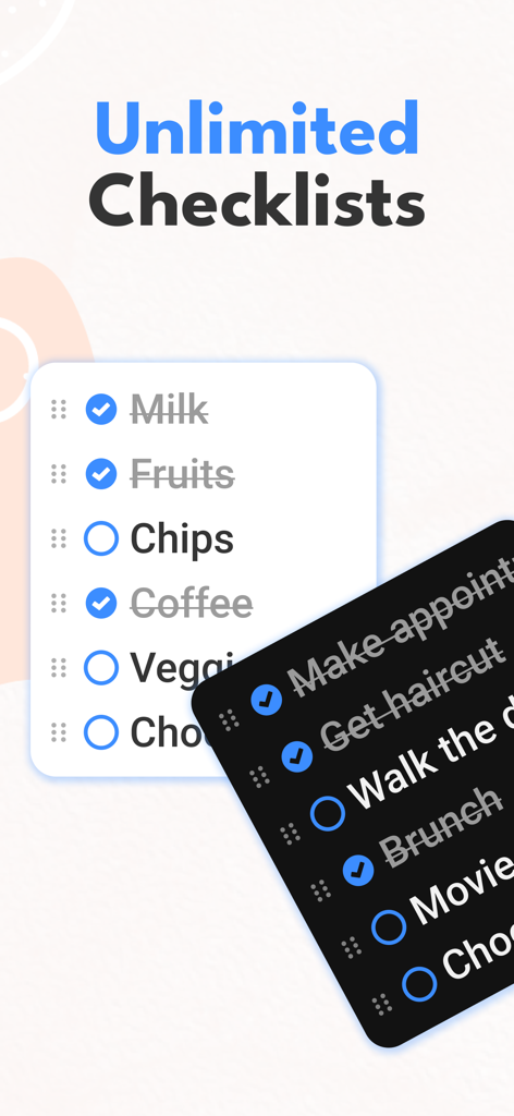Daily Timeline To-Do : Taskito - Taskito App-Oberfläche, die unbegrenzte Checklisten mit Unterstützung für helle und dunkle Modi anzeigt