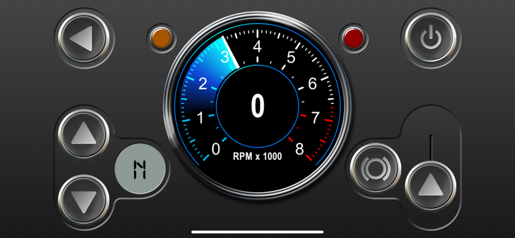 RevHeadz Engine Sounds - RPMゲージとインタラクティブなエンジンコントロールを表示するデジタルカーダッシュボードインターフェイス。