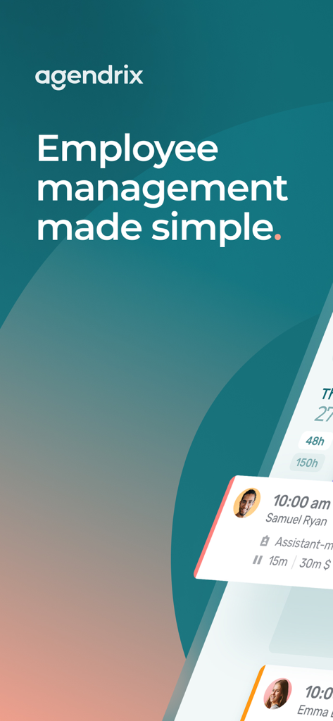 Agendrix mobile app interface showing employee scheduling and management slogan on a teal background.