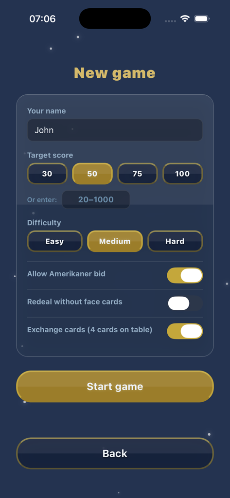 Amerikaner! - Setup screen for Amerikaner! card game showing options for player name target score difficulty and game rules