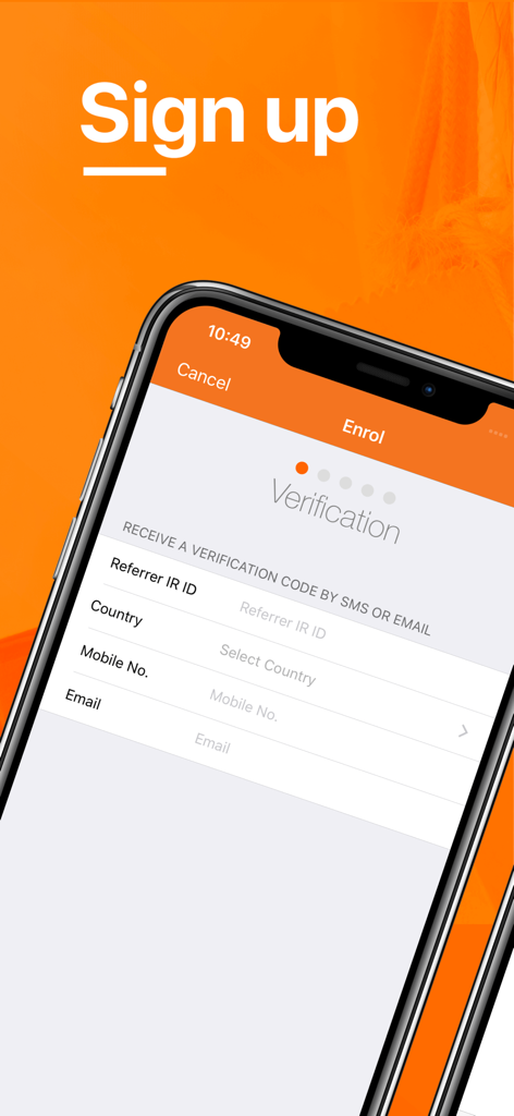 QNET Mobile WP - Pantalla de registro de la aplicación QNET Mobile WP que muestra el formulario de inscripción y verificación