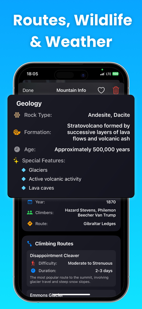Mountain Identifier: Peak Lens - Interfaz de la aplicación Mountain Identifier mostrando detalles geológicos e información sobre rutas de escalada