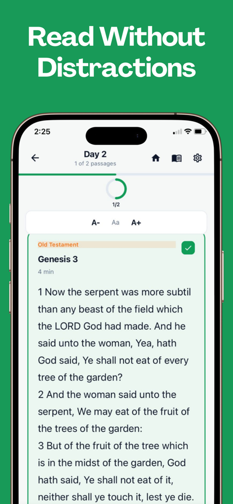 The Bible in a Year – 365 Plan - Screenshot of the Bible in a Year app showing a clean reading interface with text from Genesis