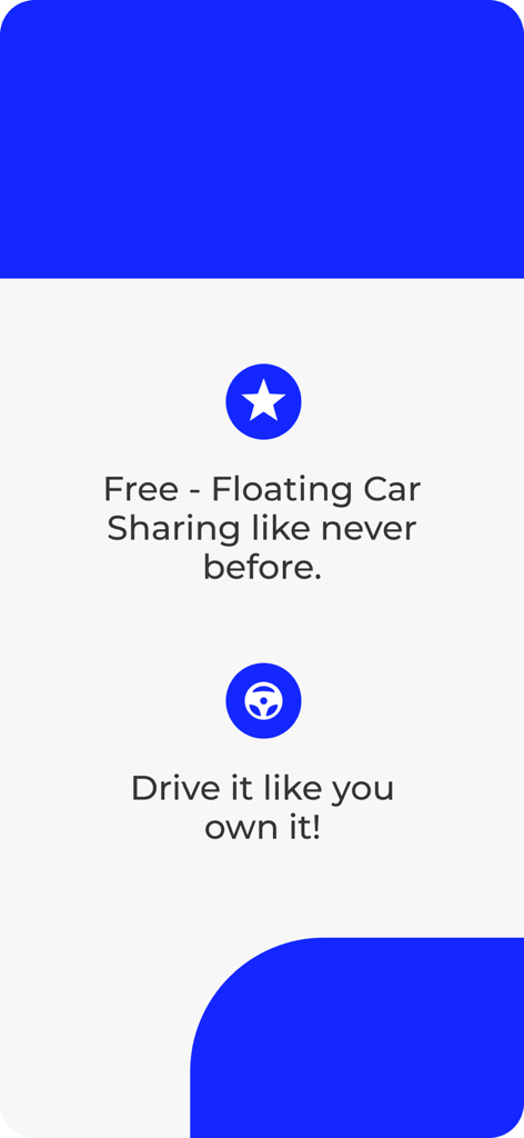 Introductory screen for the Caroo car sharing app featuring service slogans and icons.