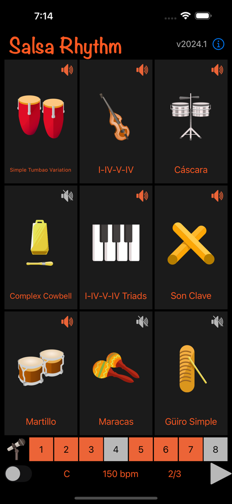 Salsa Rhythm - Salsa Rhythm app interface showing a grid of Latin instruments with volume controls and beat counting for dance practice.