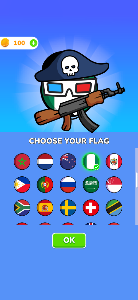 Country Balls flag selection screen showing a customized Nigeria ball with a pirate hat and rifle above a grid of world flags