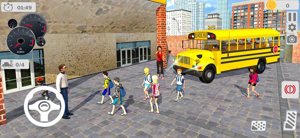 City School Bus Game 2024 - Yellow school bus picking up students in a 3D city environment