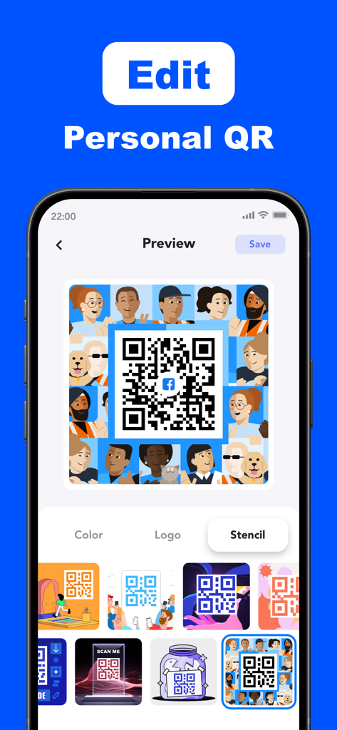Tiny QR Barcode Scanner Reader - Interface for customizing a personal QR code with various stencil designs and logos