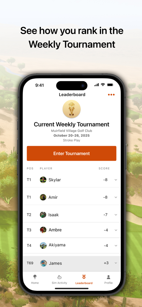 Home Tee Hero - Home Tee Hero app weekly tournament leaderboard showing player rankings and scores