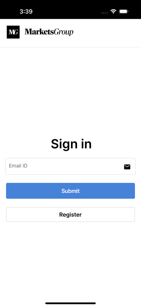 Markets Group - Markets Group app sign in page with email login and register options
