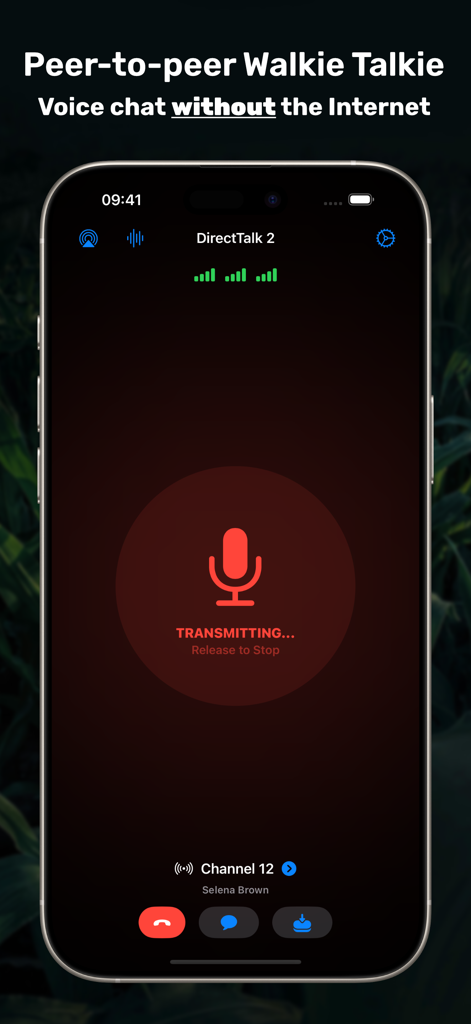 DirectTalk (Walkie Talkie P2P) - DirectTalk app interface showing peer to peer voice chat transmitting without an internet connection