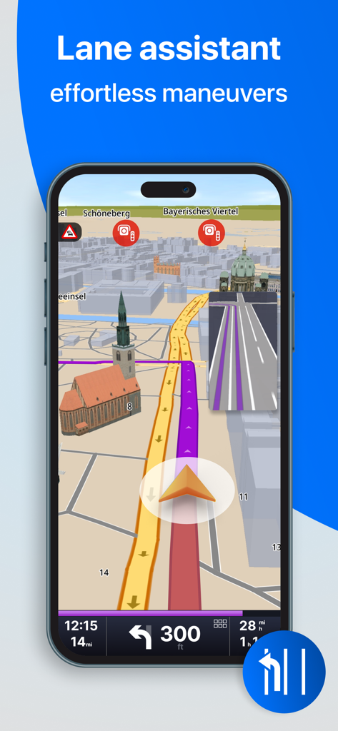 Sygic Truck & RV Navigation - Sygic Truck und RV Navigation App-Oberfläche mit Fahrspurassistentenfunktion und 3D-Offline-Karten