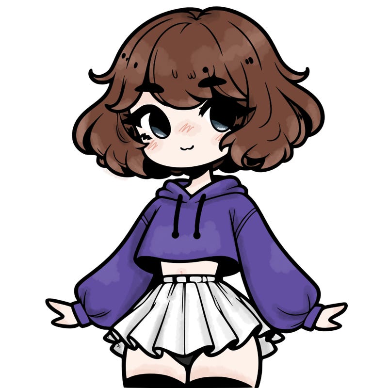 cute femboy with short, fluffy hair that softly frames their face, wearing a cropped hoodie, paired with a flouncy short skirt, and thigh-high stockings