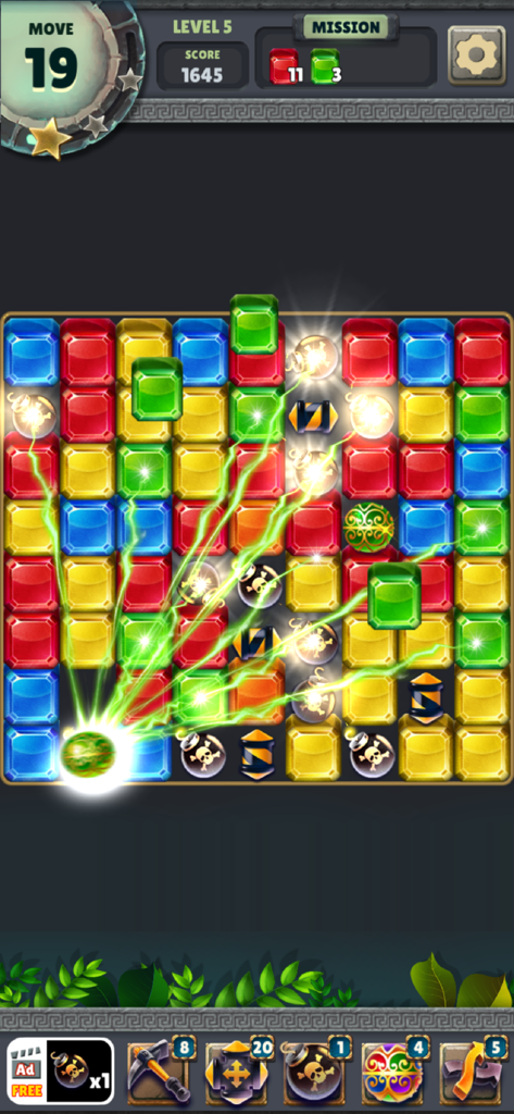 A gameplay screen of Jewel Blast Temple showing colorful gems on a puzzle board with an active energy blast powerup effect.