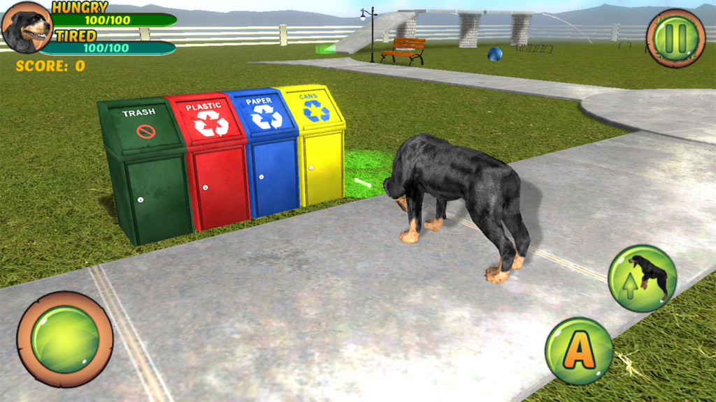 Rottweiler Dog Life Simulator - Rottweiler dog exploring a park near recycling bins in a 3D simulator game
