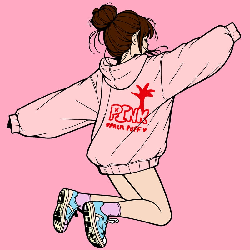 realistic girl jumping with a bun and oversized sweatshirt