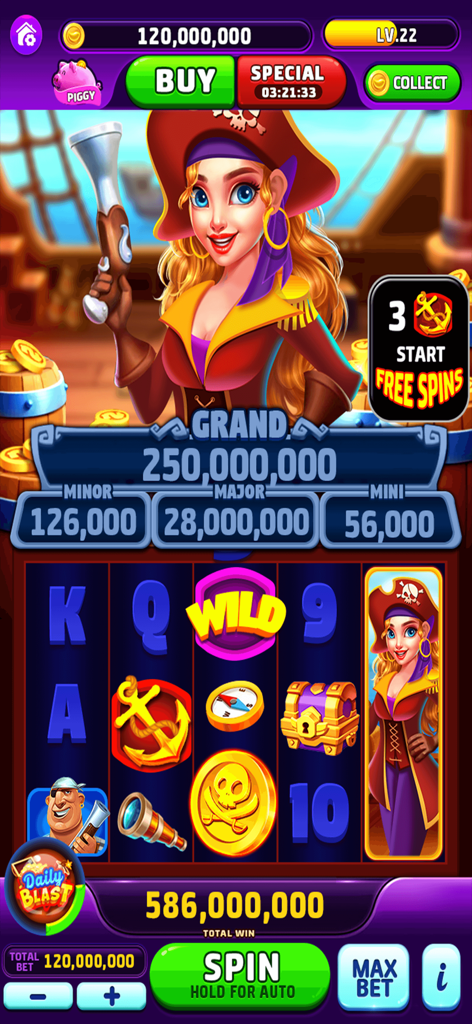 Wild Vegas - Casino Slots - Pirate themed slot machine in Wild Vegas Casino Slots with a female pirate character and big win jackpot