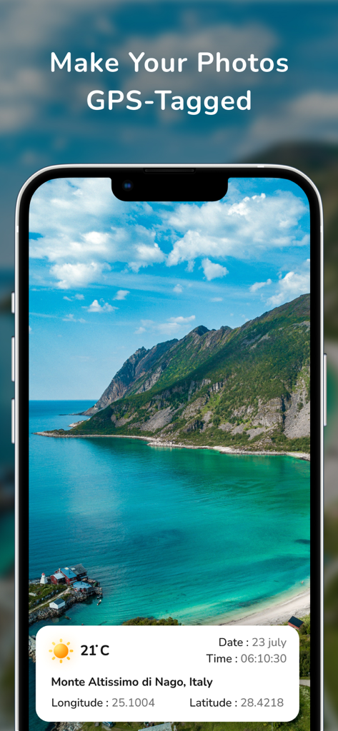 MapStamp - GPS Map Camera - iPhone screen displaying a landscape photo with an automated GPS data overlay including location date and coordinates