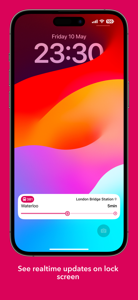UK Bus Checker app showing a real-time bus arrival notification on an iPhone lock screen for a bus to Waterloo.