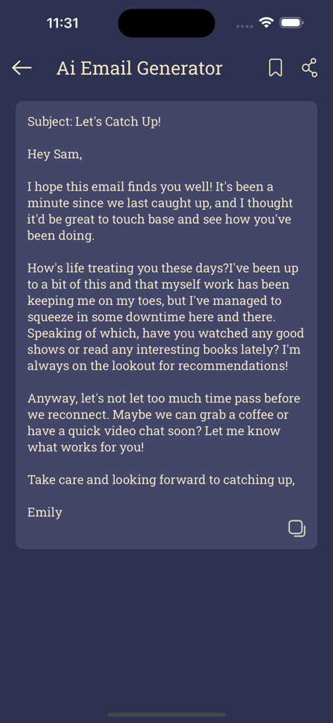 Interface of the AI Email Generator app showing a casual email draft titled Let's Catch Up